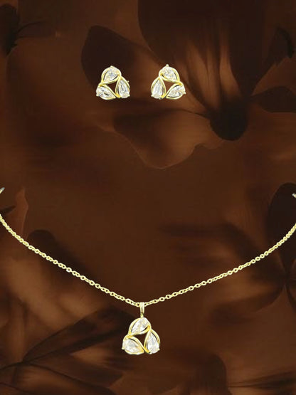 SHE BEAUTY AD petal pendant and matching stud earrings set with clear stones in a gold-toned finish