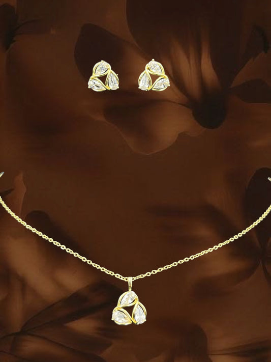 SHE BEAUTY AD petal pendant and matching stud earrings set with clear stones in a gold-toned finish