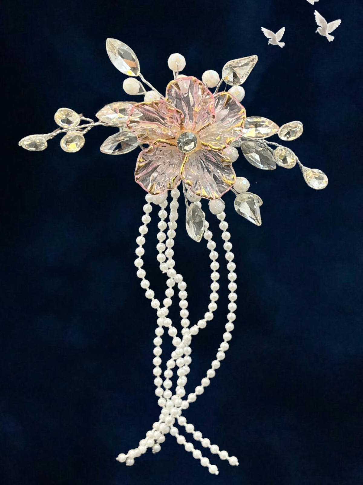 SHE BEAUTY pink blossom hair pin with crystal petals, white pearl tassels, and delicate silver-tone accents.