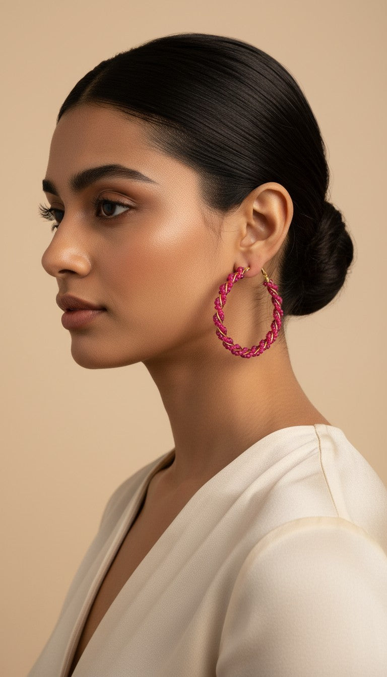 SHE BEAUTY Girlish Crystal Bali hoop earrings in vibrant pink with a textured braided design worn by a model