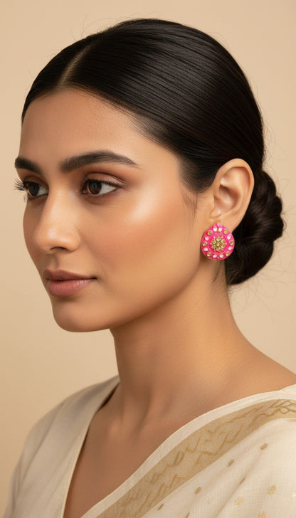 SHE BEAUTY Jaipuri tops featuring a pink teardrop-shaped stud earring with intricate gold and stone detailing