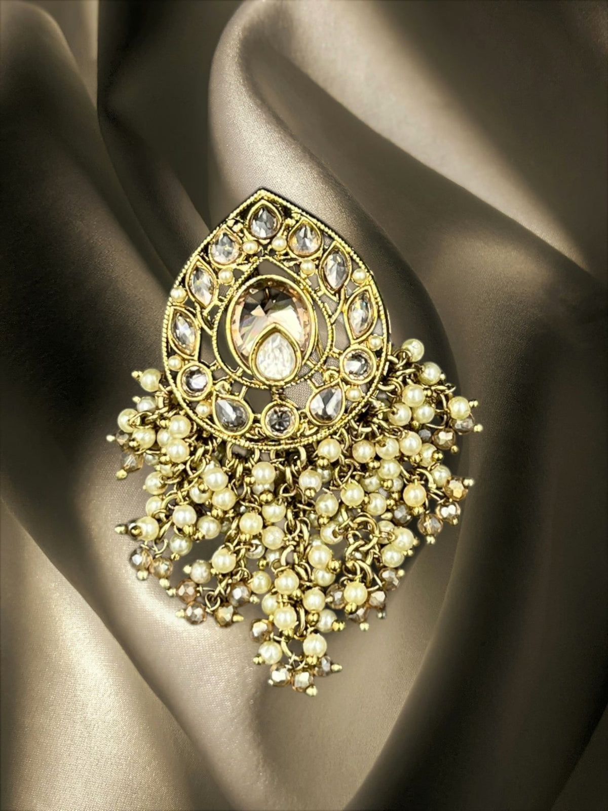 SHE BEAUTY drop polki juda hair brooch in gold tone with white pearls and clear stones for festive party wear