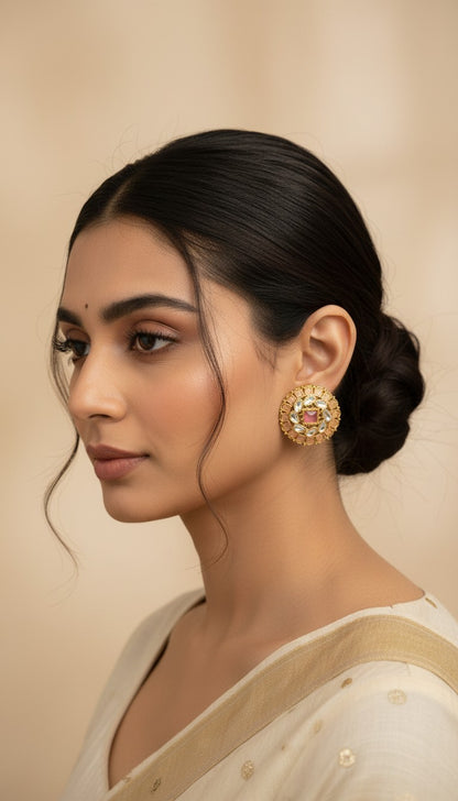 SHE BEAUTY premium kundan tops featuring a round gold design with a central pink stone worn by a woman in a bun