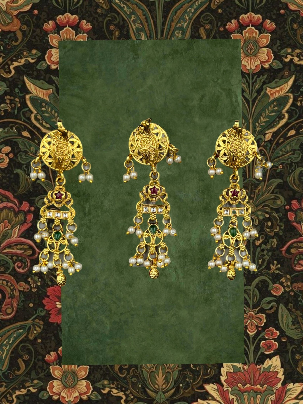 SHE BEAUTY 3-piece Rajwadi choti hair accessories in gold-tone metal with intricate filigree, pearls, and gemstones.