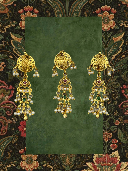 SHE BEAUTY 3-piece Rajwadi choti hair accessories in gold-tone metal with intricate filigree, pearls, and gemstones.