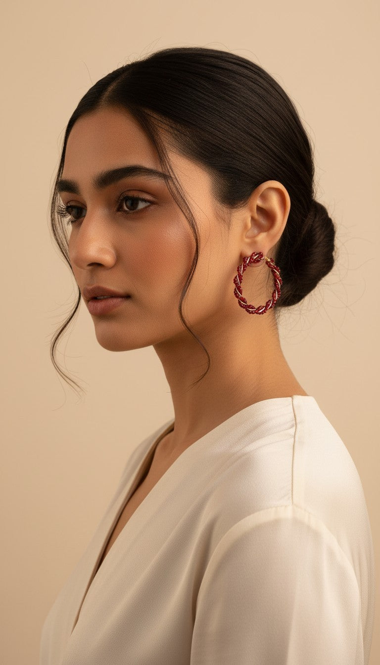 SHE BEAUTY Girlish Crystal Bali hoop earrings featuring a twisted design with deep red crystals on a model