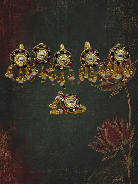 SHE BEAUTY set of 6 round Kundan charms featuring gold-tone metal, colorful stones, and dangling bead accents.