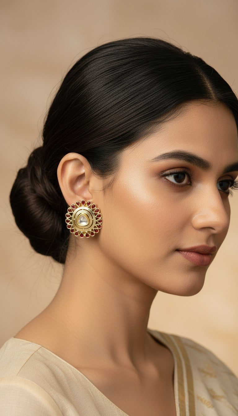 SHE BEAUTY round kundan tops featuring a central stone surrounded by red teardrop accents on a model