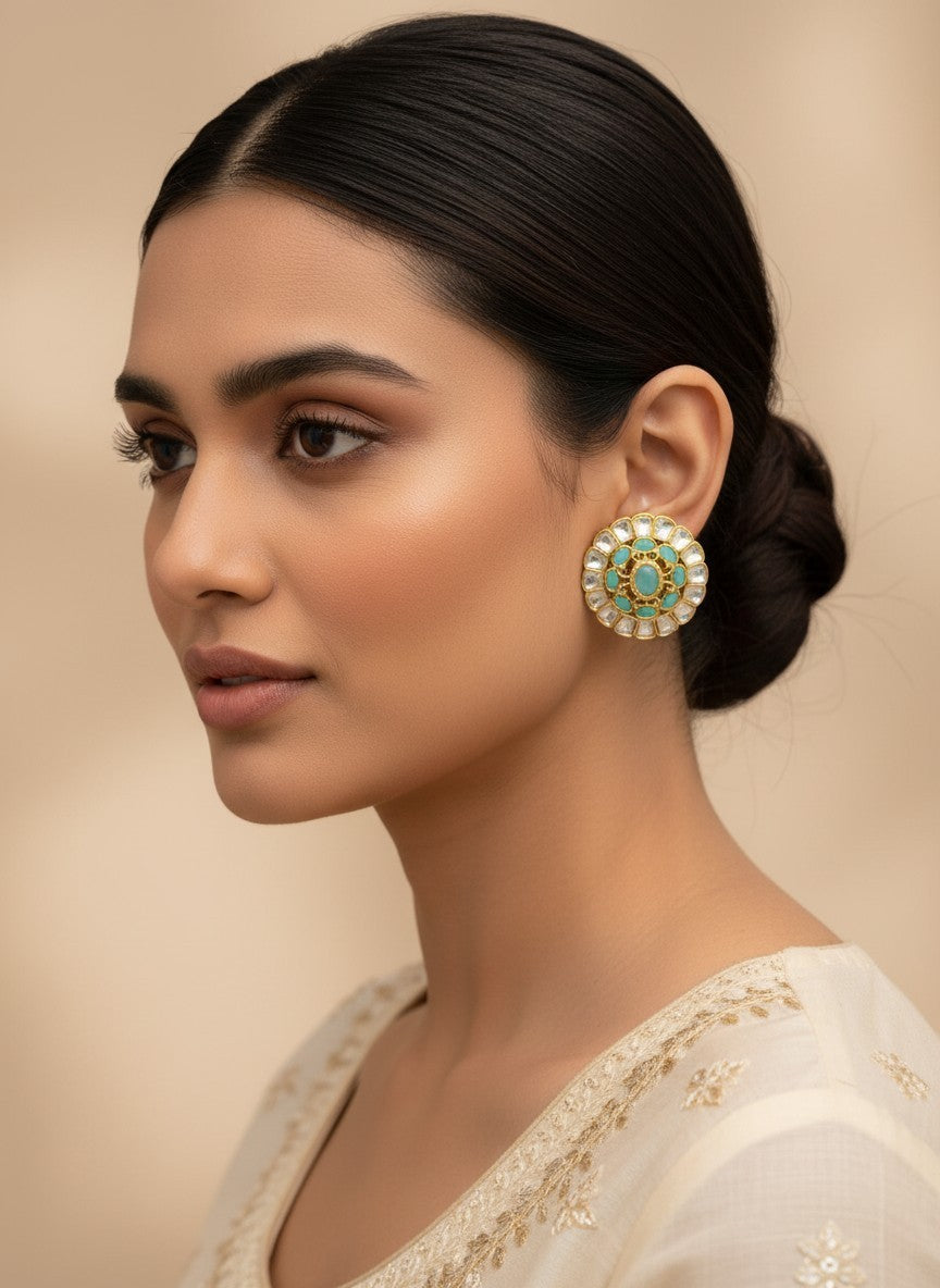 SHE BEAUTY round kundan tops with a central turquoise stone worn by a woman in elegant ethnic attire