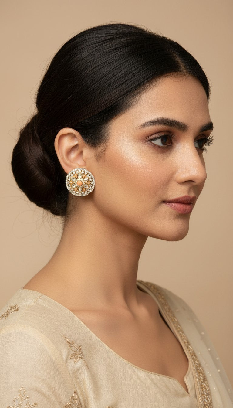 SHE BEAUTY round mirror stone stud earrings with intricate gold-tone detailing worn by a woman in ethnic attire