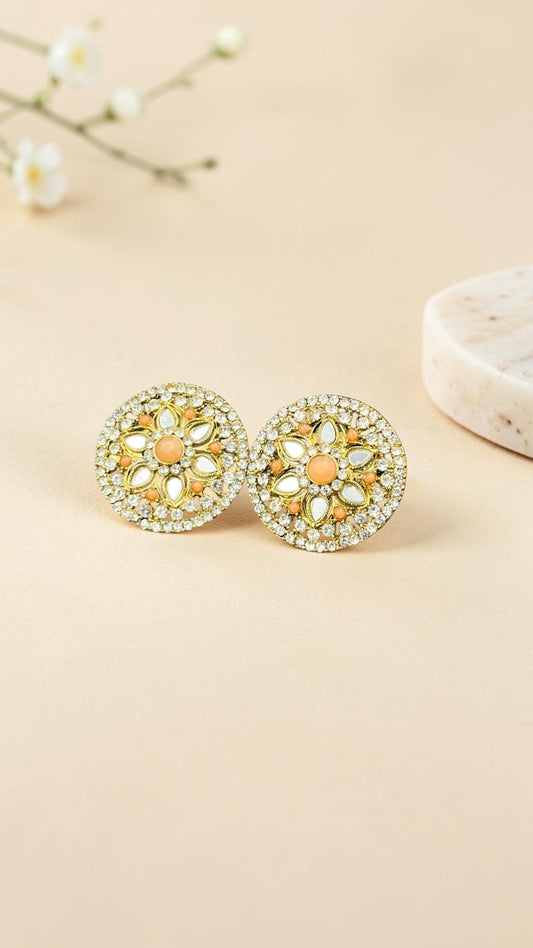 SHE BEAUTY round mirror stone tops with peach accents and crystal embellishments for festive ethnic wear