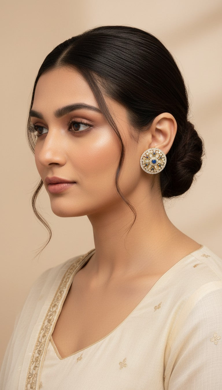SHE BEAUTY round mirror stone tops featuring a central blue stone and intricate gold detailing worn by a woman