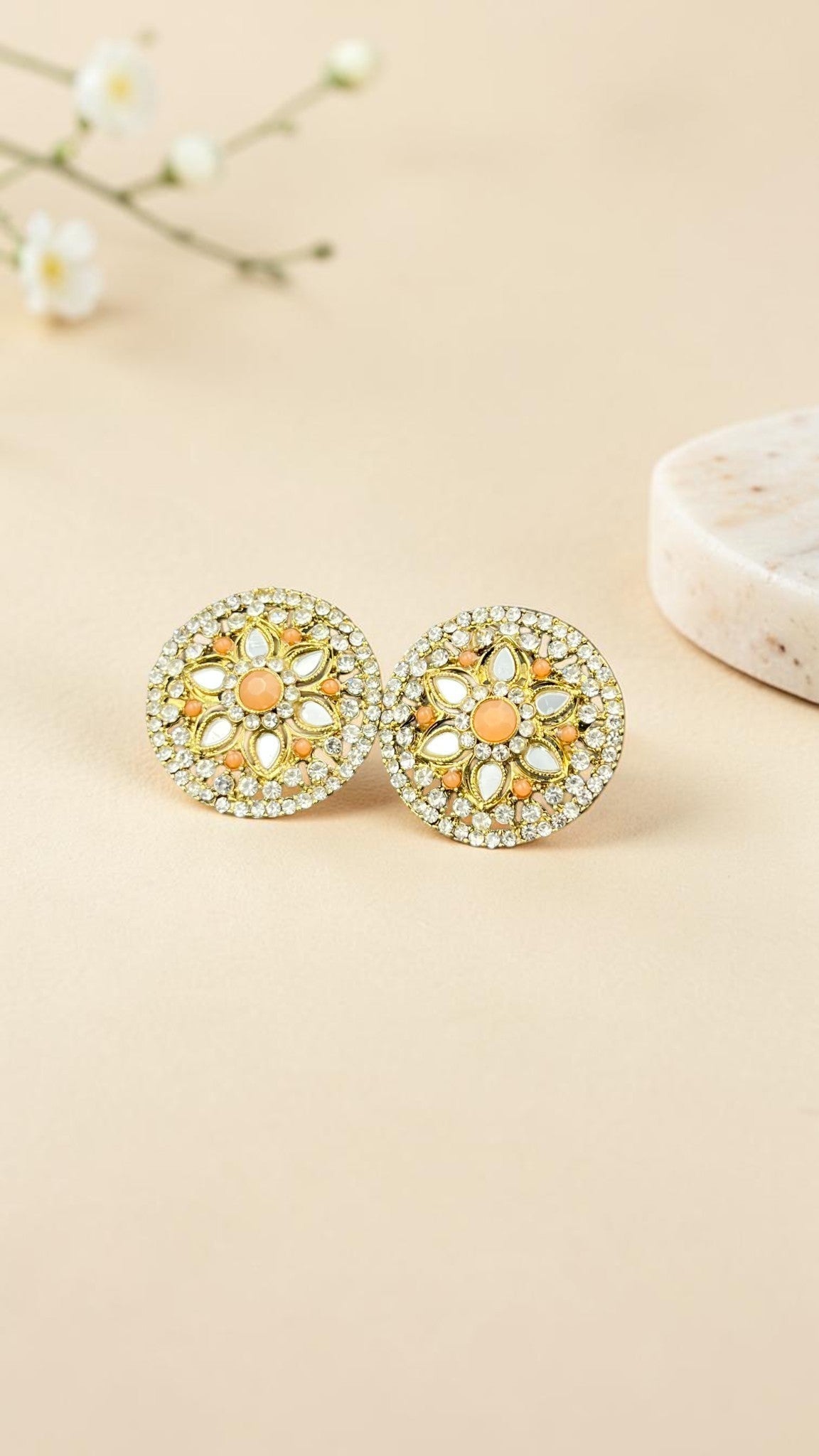 SHE BEAUTY round mirror stone tops with peach accents and crystal embellishments for festive ethnic wear.