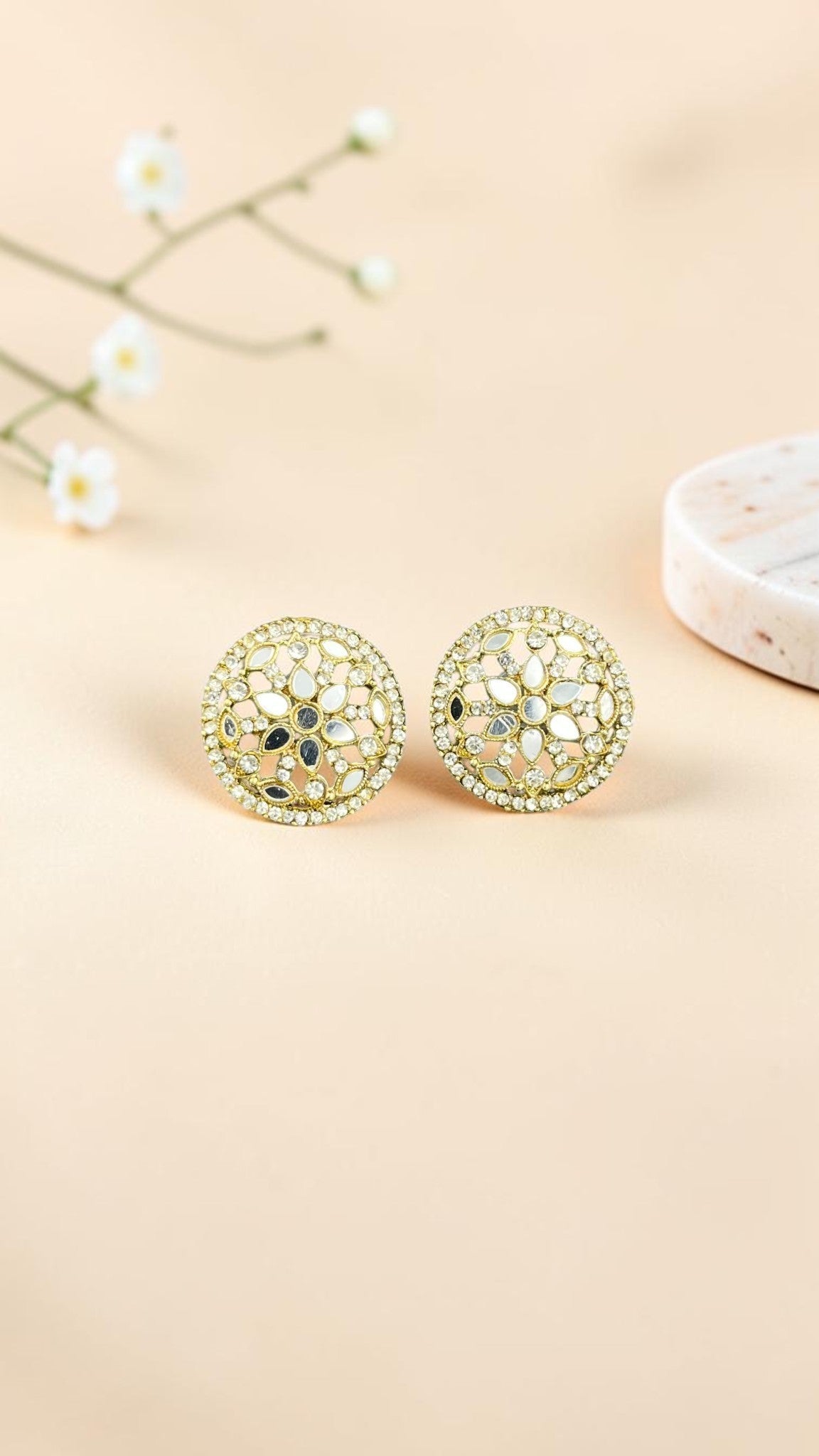 SHE BEAUTY round mirror stone tops featuring intricate gold-toned filigree work for festive ethnic wear.