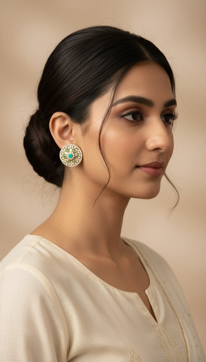 SHE BEAUTY round mirror stone tops featuring a central turquoise accent and intricate white stone detailing