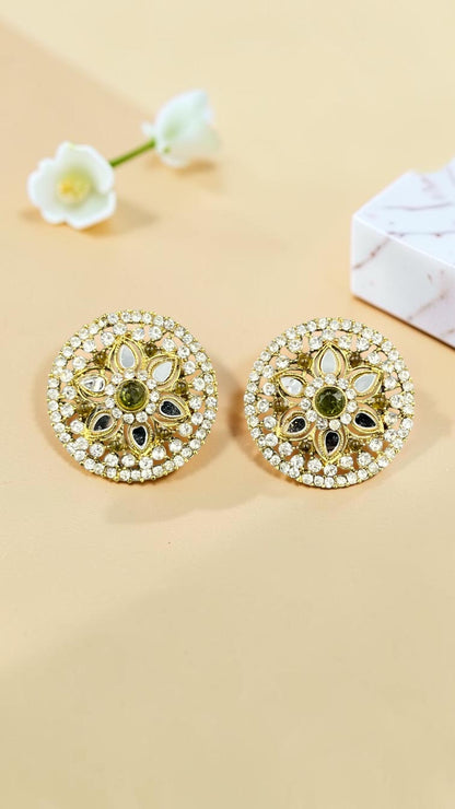 SHE BEAUTY round mirror stone tops featuring intricate gold-tone metalwork with clear and green accent crystals.