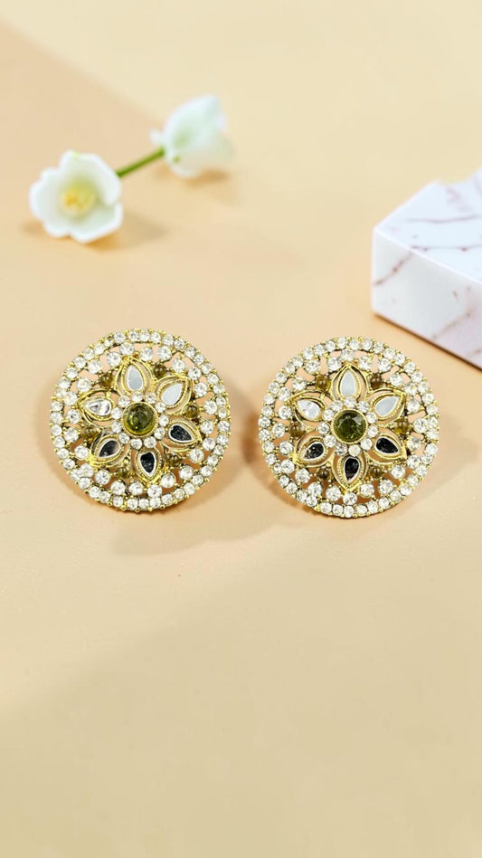 SHE BEAUTY round mirror stone tops featuring intricate gold-tone metalwork with clear and green accent crystals.