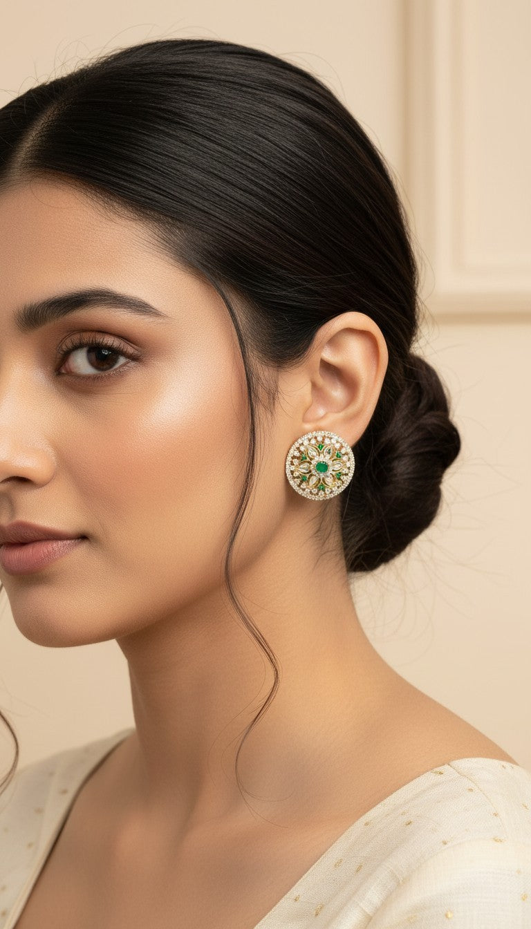 SHE BEAUTY round mirror stone tops featuring green and white crystals in an elegant traditional floral design