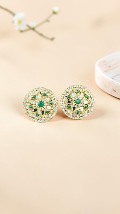SHE BEAUTY round mirror stone tops featuring green accents and intricate gold-tone detailing for festive wear.