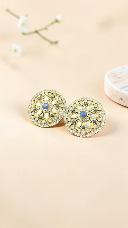SHE BEAUTY round mirror stone tops with intricate gold-tone floral detailing and blue accents for ethnic wear.
