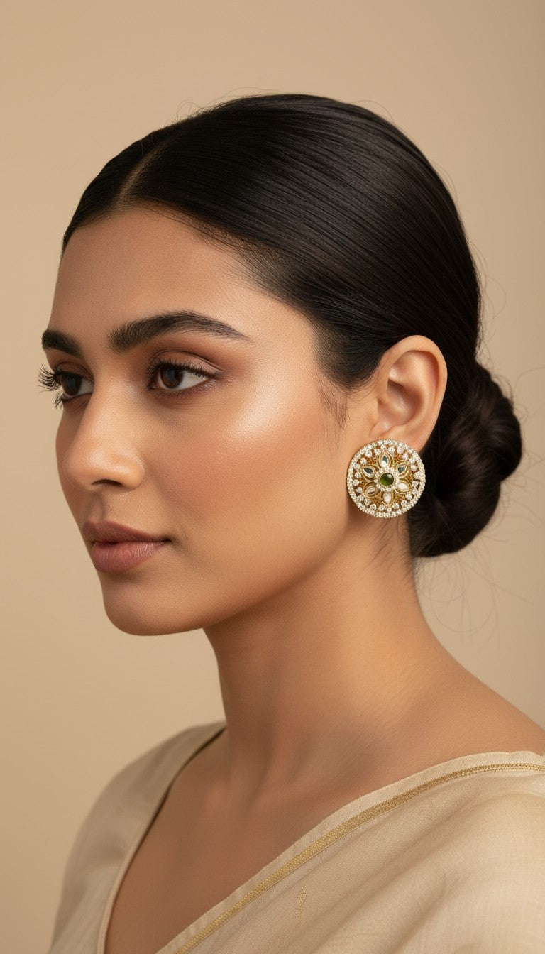 SHE BEAUTY round mirror stone tops featuring a central green stone and pearl accents worn by a woman