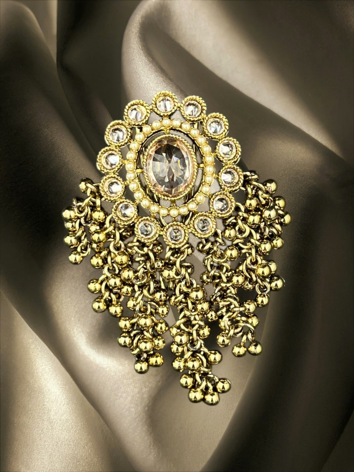 SHE BEAUTY round polki juda hair brooch with gold-tone metal, clear crystals, and dangling bead accents
