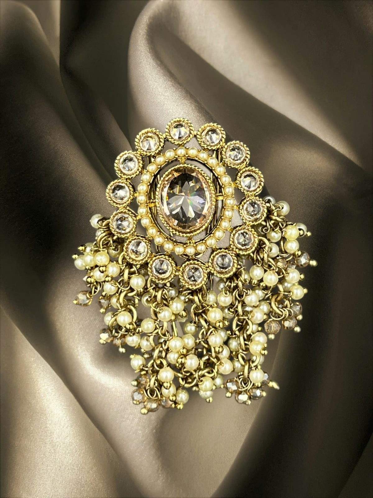 SHE BEAUTY round polki juda hair brooch with gold-tone metal, central crystal, and dangling pearl accents