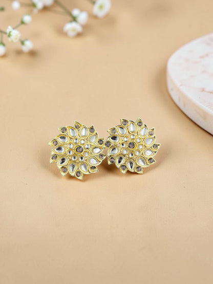 SHE BEAUTY Royal Kundan gold stud earrings with a floral design, featuring clear stones in a traditional finish.