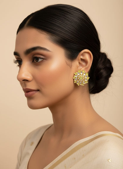 SHE BEAUTY Royal Kundan gold tops featuring a floral design with light green accents worn by a woman