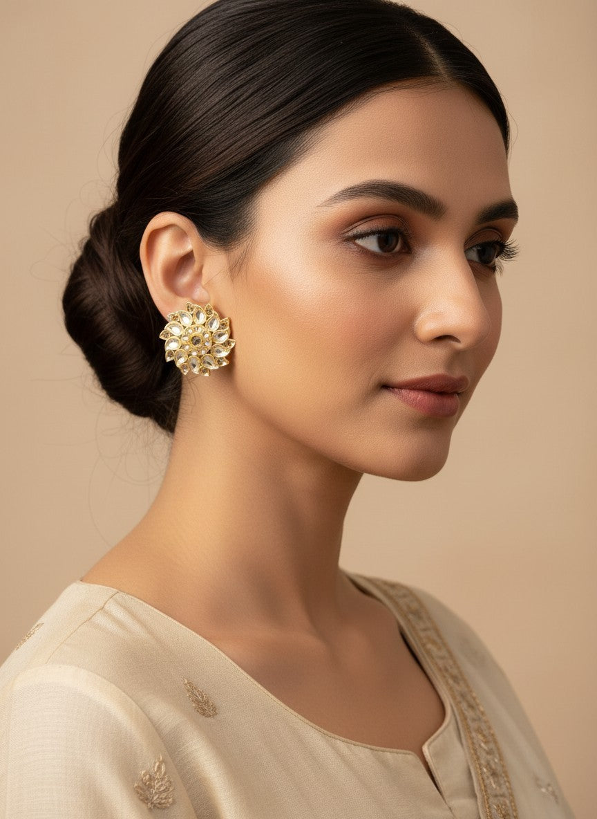 SHE BEAUTY Royal Kundan gold stud earrings worn by a woman with a sleek bun, featuring a floral design for ethnic wear.