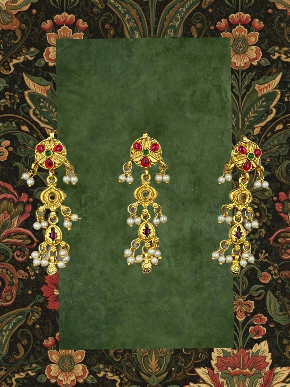 SHE BEAUTY set of 3 gold-toned ruby Kundan choti hair accessories with pearl accents on a floral patterned background