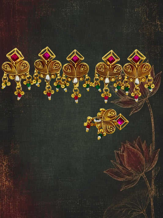 SHE BEAUTY set of 6 gold-toned Shahi Jhumka pins featuring pink square stones and decorative bead accents