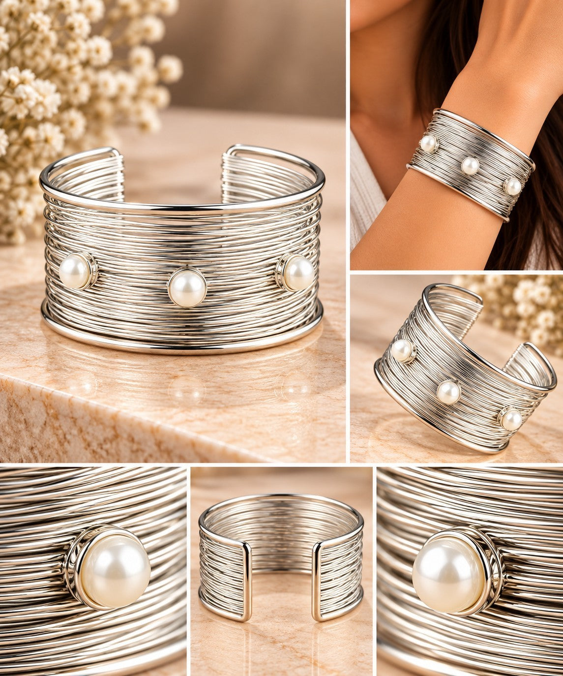 SHE BEAUTY silver multilayer cuff bracelet featuring three white pearls, designed for elegant party or daily wear.