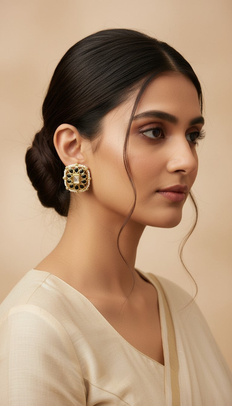 SHE BEAUTY square kundan tops featuring dark green stones and pearl accents worn by a woman in a beige outfit
