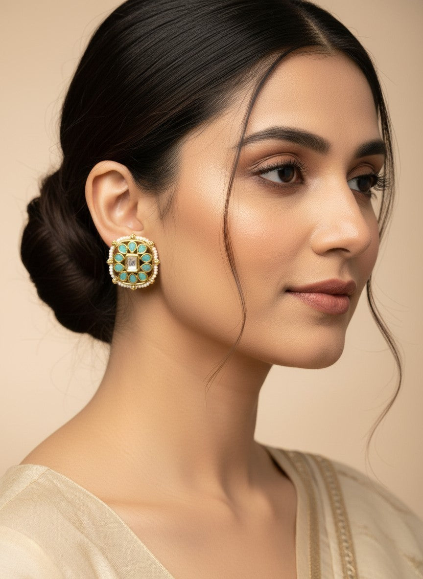 SHE BEAUTY square kundan tops featuring turquoise stones and pearl accents worn by a woman in ethnic attire