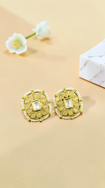 SHE BEAUTY square kundan tops featuring gold-tone metal, central clear stones, and delicate white pearl accents.