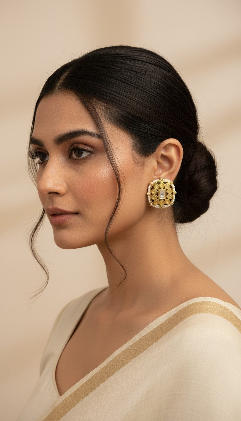 SHE BEAUTY square kundan tops featuring intricate gold detailing and a central stone worn by a woman in a saree