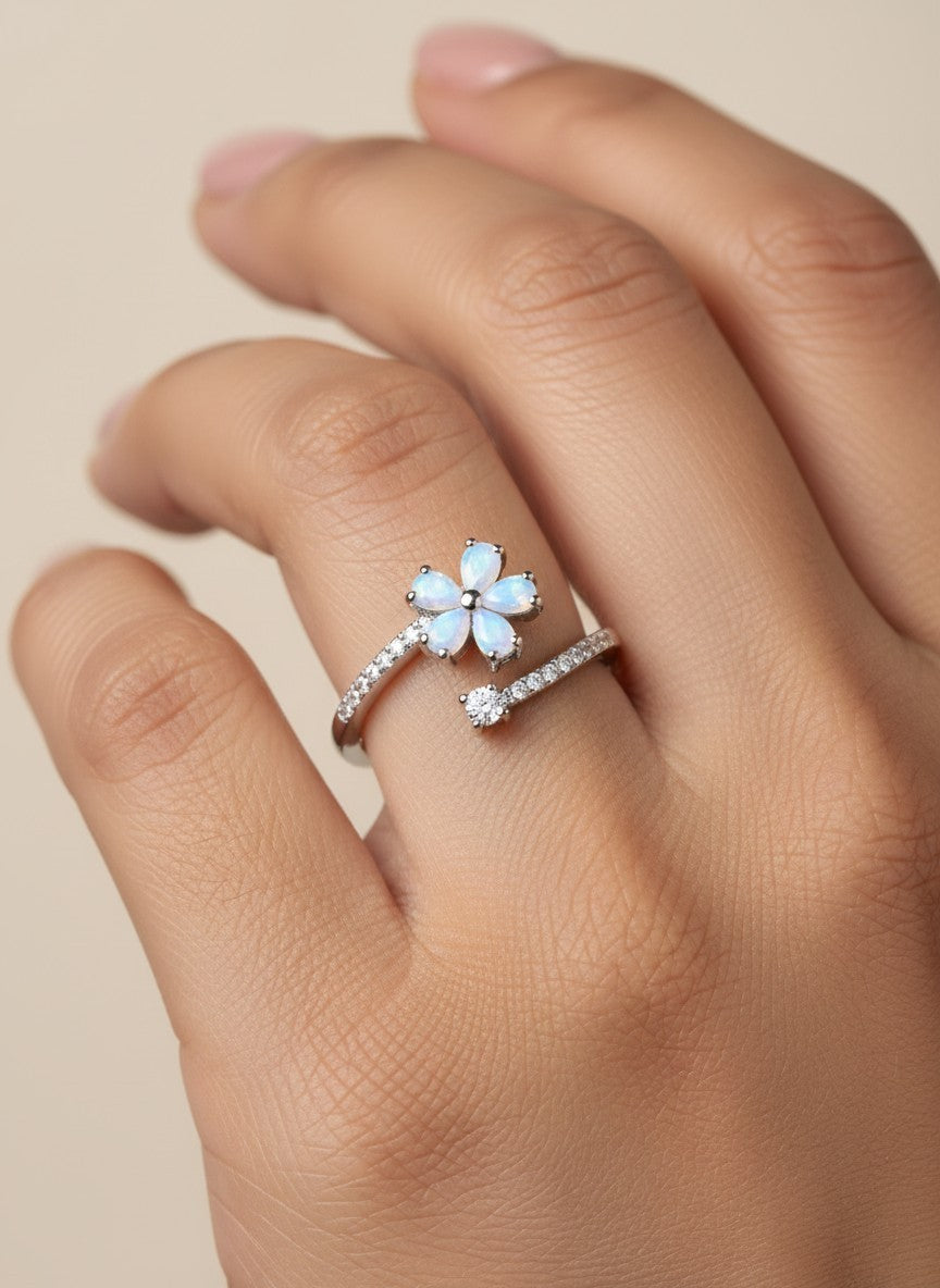 SHE BEAUTY sterling silver open ring featuring a delicate opal flower and a sparkling cubic zirconia accent