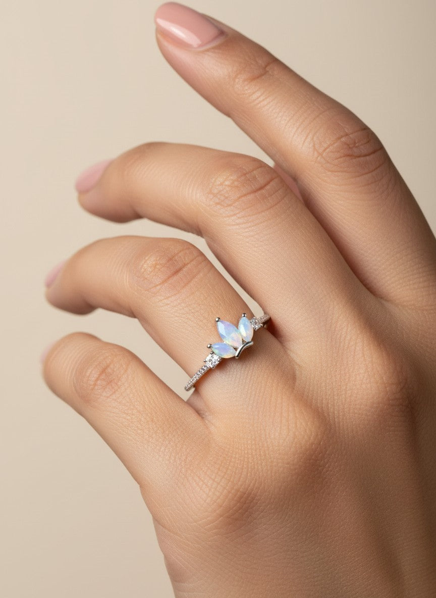 SHE BEAUTY sterling girlish ring featuring marquise-cut opal stones and delicate pavé accents on a silver band