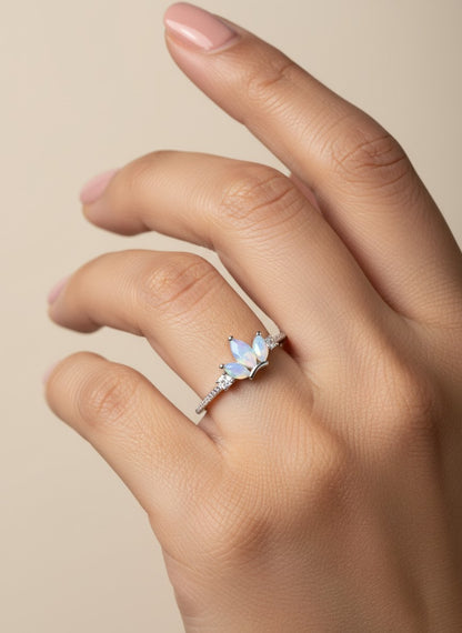 SHE BEAUTY sterling girlish ring featuring marquise-cut opal stones and delicate pavé accents on a silver band