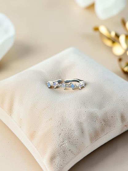 SHE BEAUTY sterling silver girlish ring featuring marquise-cut opal stones and clear crystals on a velvet cushion