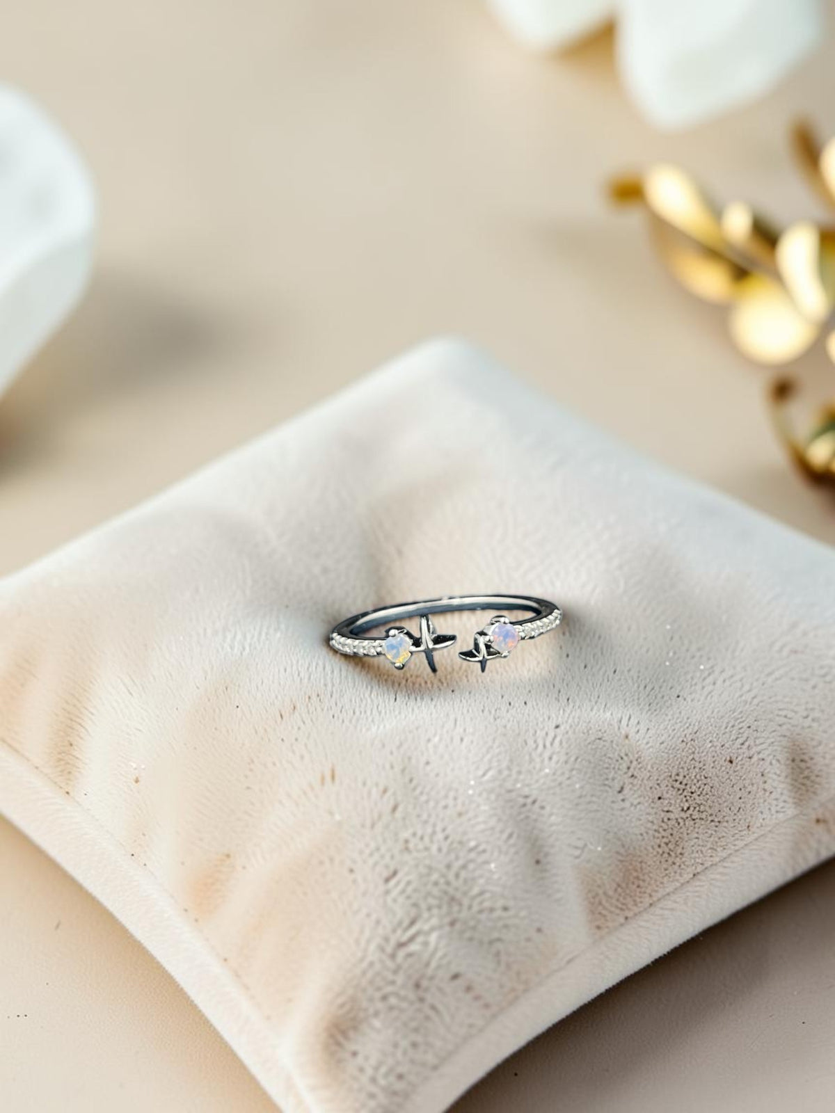 SHE BEAUTY sterling silver girlish ring with opal stones and star accents on a velvet cushion for festive wear