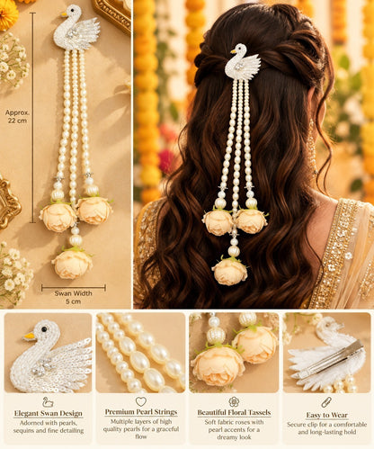 SHE BEAUTY swan hair accessory featuring white pearl strings, sequined swan motif, and soft peach fabric rose tassels.