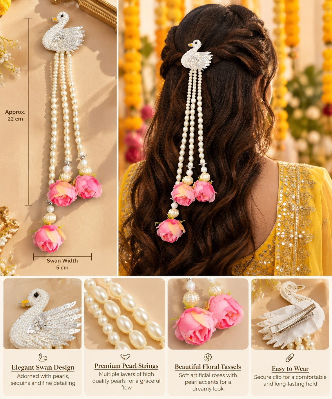 SHE BEAUTY embellished swan hair clip with pearl strings and pink rose floral tassels for festive party wear