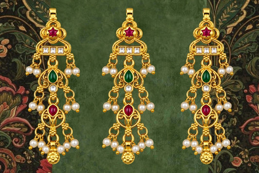 SHE BEAUTY 3-piece gold-toned temple choti hair accessories with red and green stones and white pearl accents.