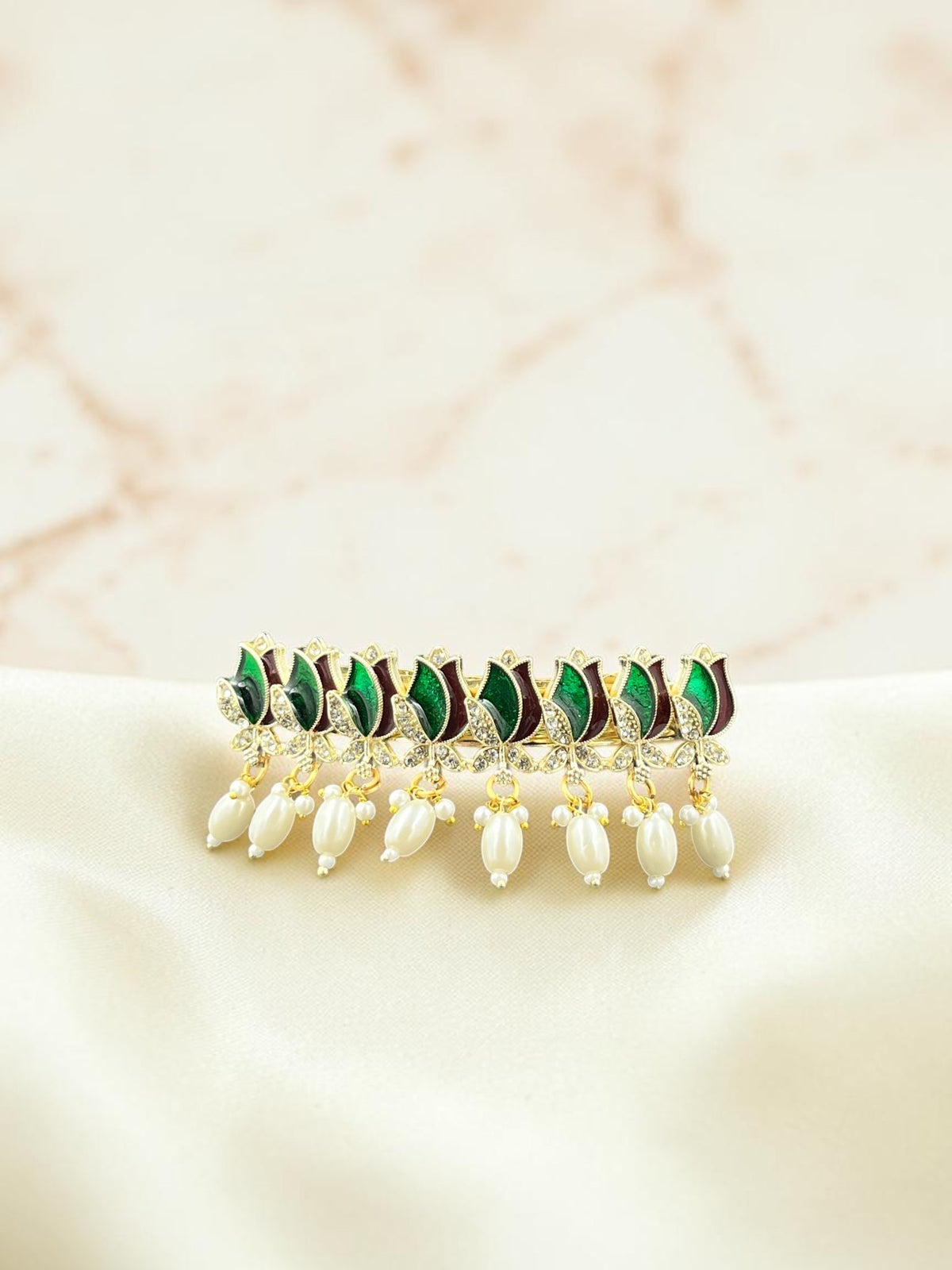 SHE BEAUTY AD tulip meenakari pearl barrette featuring green and maroon enamel floral motifs with dangling pearls