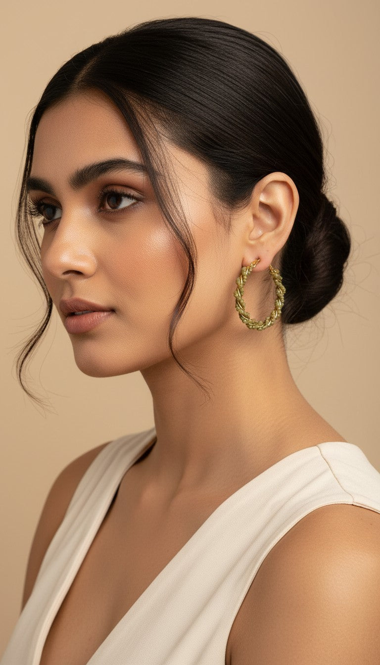 SHE BEAUTY Girlish Crystal Bali hoop earrings in a twisted gold design worn by a model with a sleek bun hairstyle.