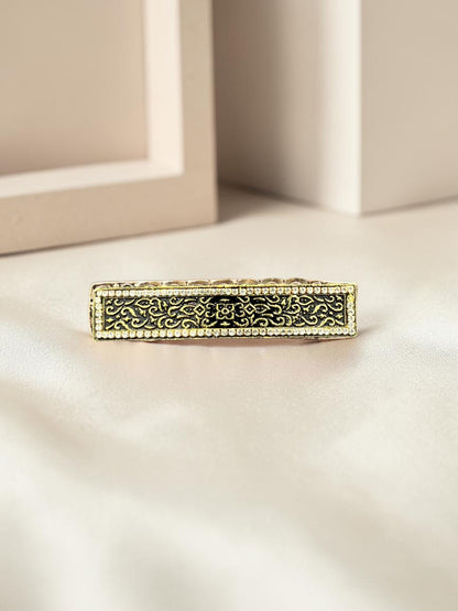 SHE BEAUTY vintage metallic barrette with intricate black lace-inspired filigree and crystal border on satin fabric