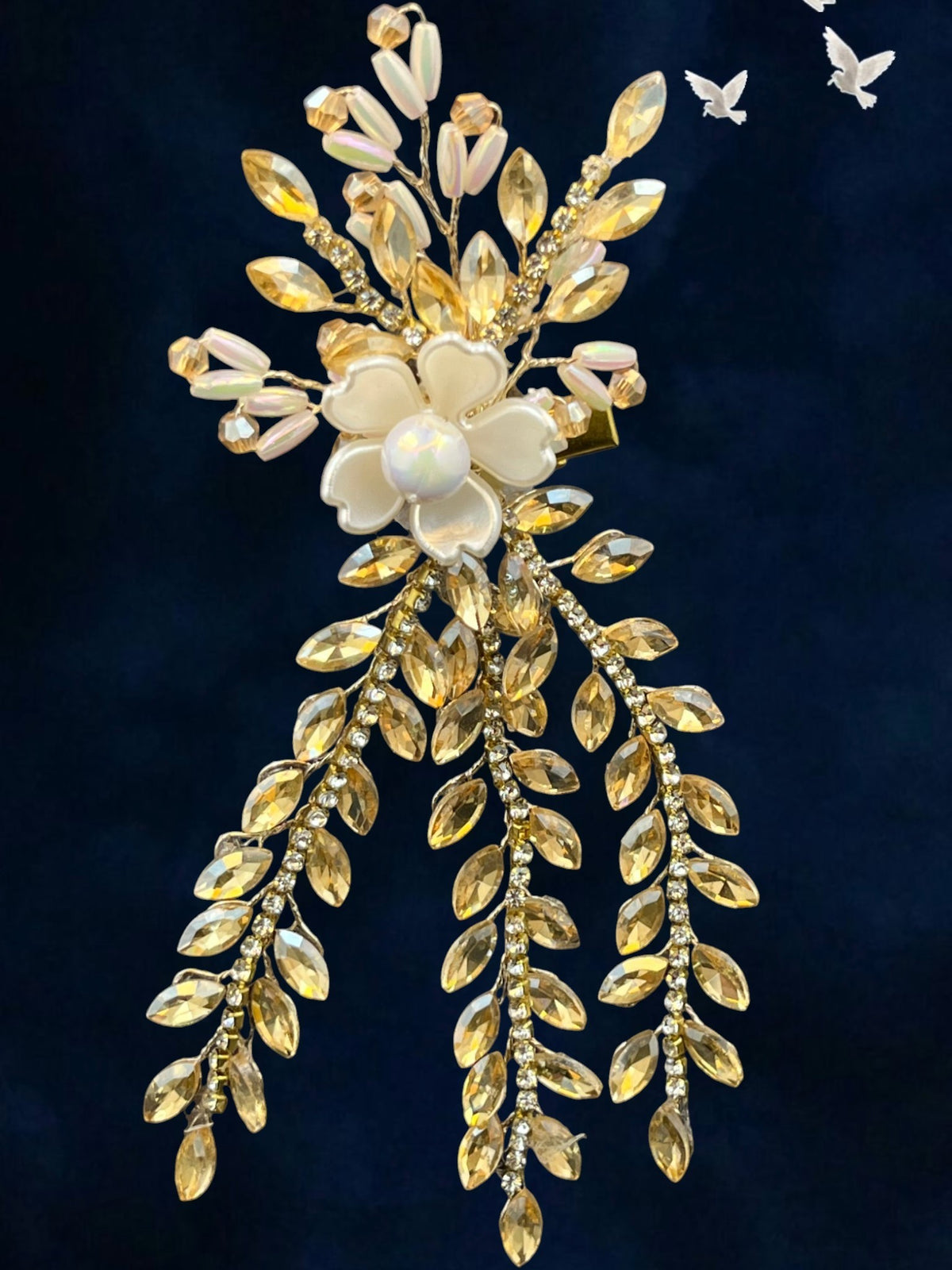 SHE BEAUTY white blossom crystal vine hair pin with gold-toned leaves and sparkling accents for festive party wear.