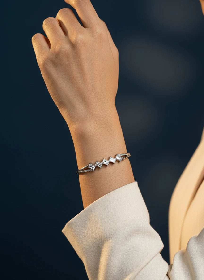 SHE BEAUTY anti-tarnish silver bracelet featuring sparkling zirconia stones on a model's wrist for festive wear.